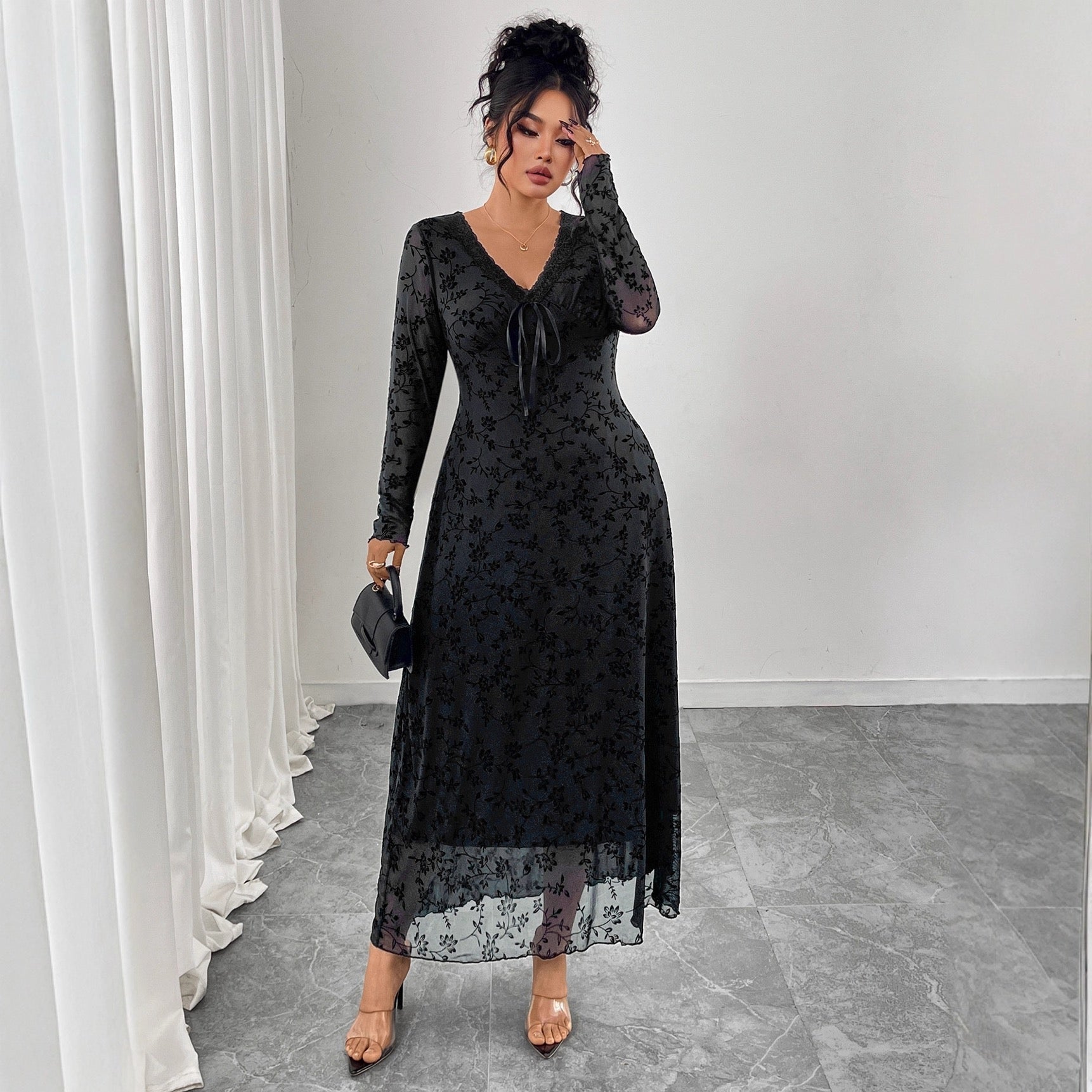 Plus Size Floral Mesh Long Sleeve Maxi Dress