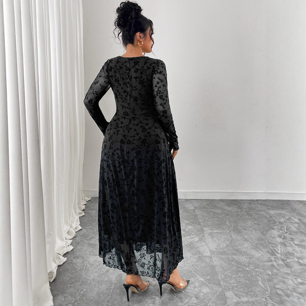 Plus Size Floral Mesh Long Sleeve Maxi Dress