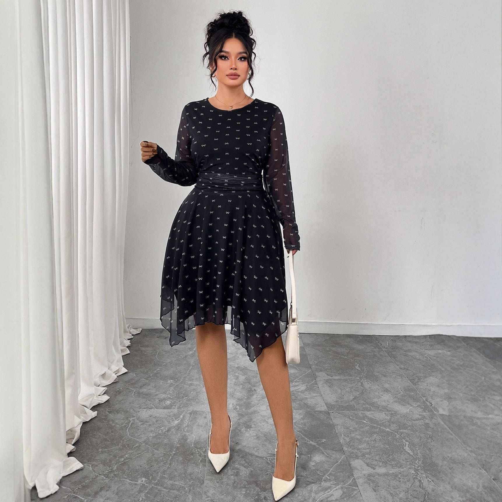 Plus Size Elegant Printed Long Sleeve Midi Dress