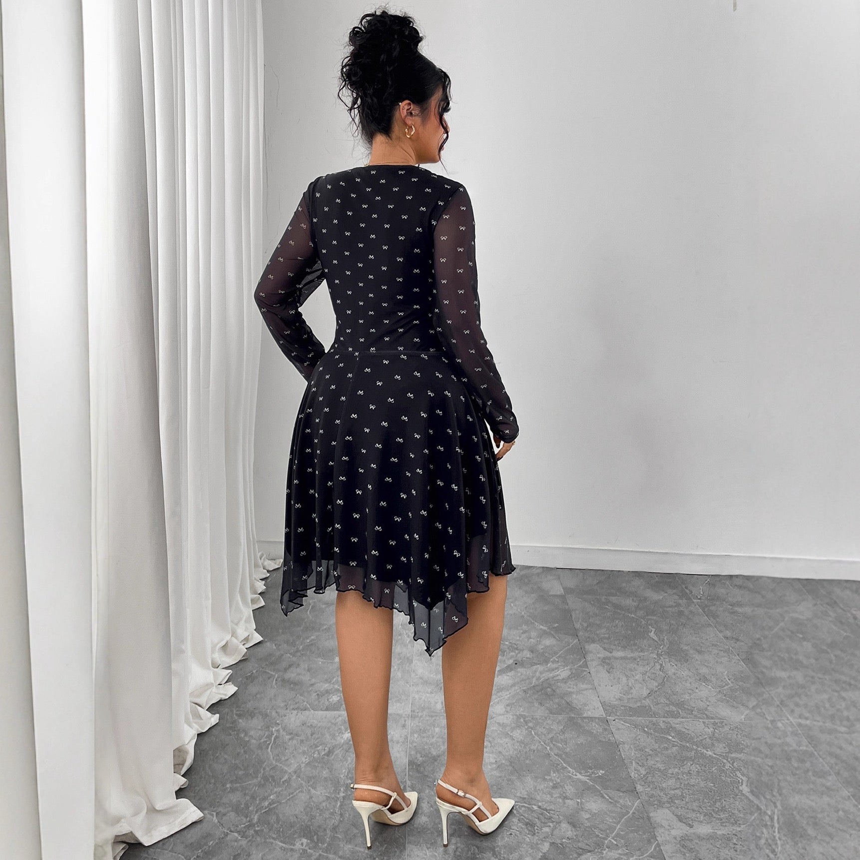 Plus Size Elegant Printed Long Sleeve Midi Dress