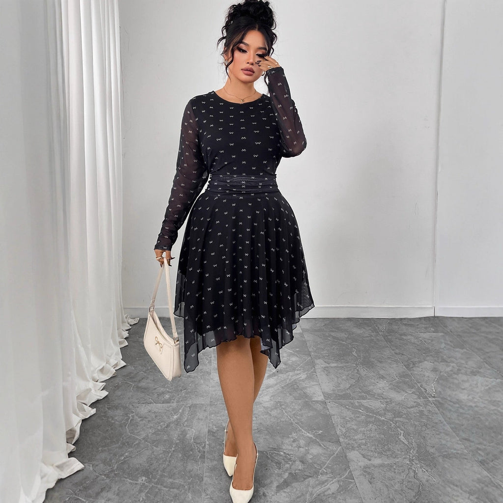 Plus Size Elegant Printed Long Sleeve Midi Dress