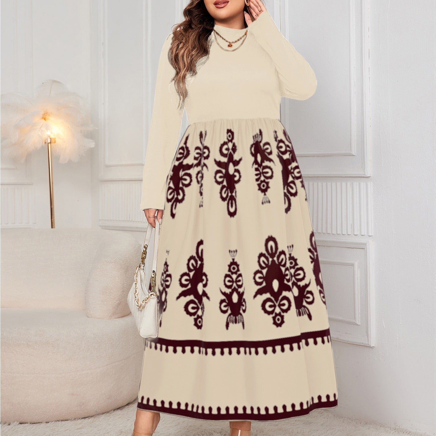 Plus Size Elegant Printed Long Sleeve Maxi Dress