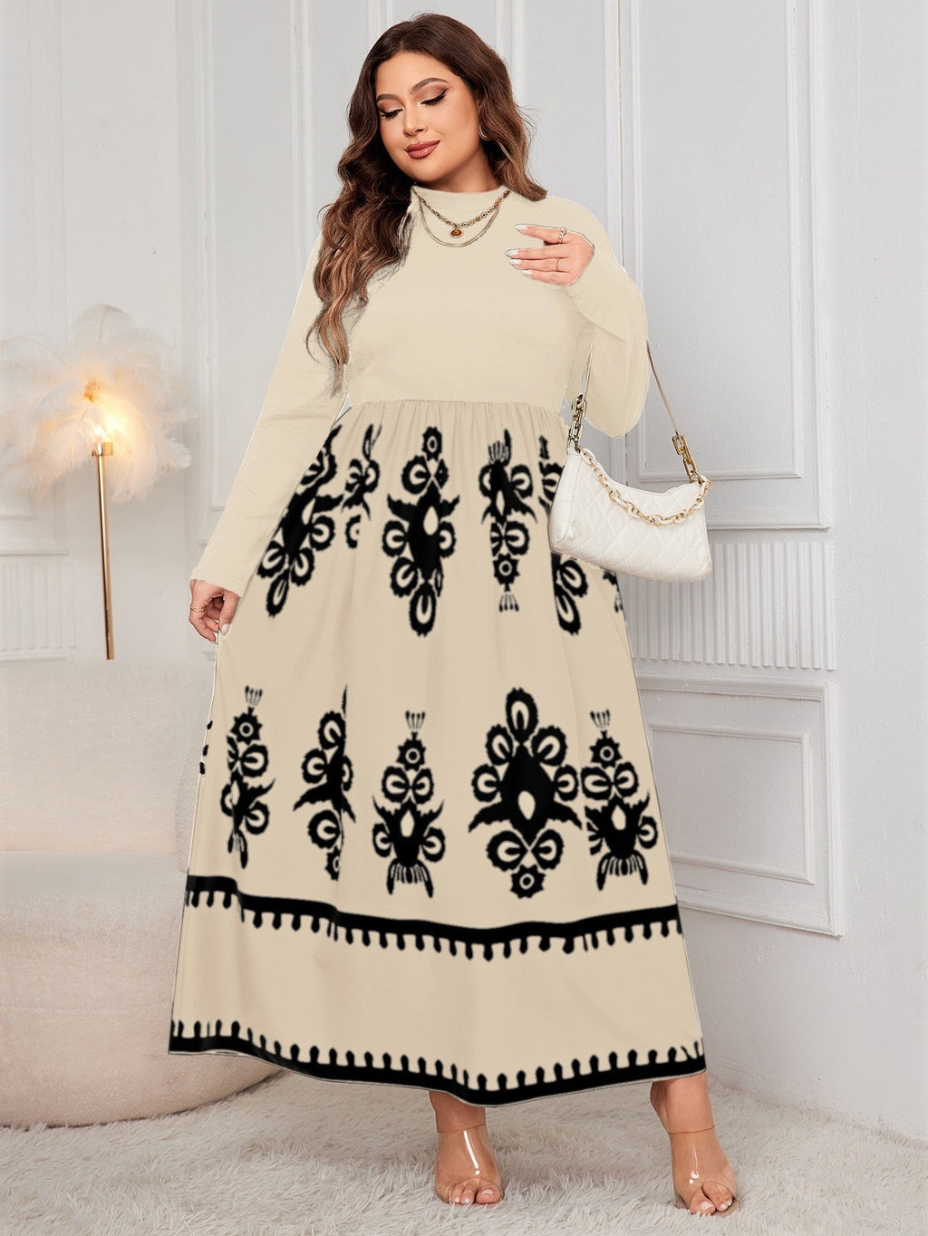 Plus Size Elegant Printed Long Sleeve Maxi Dress