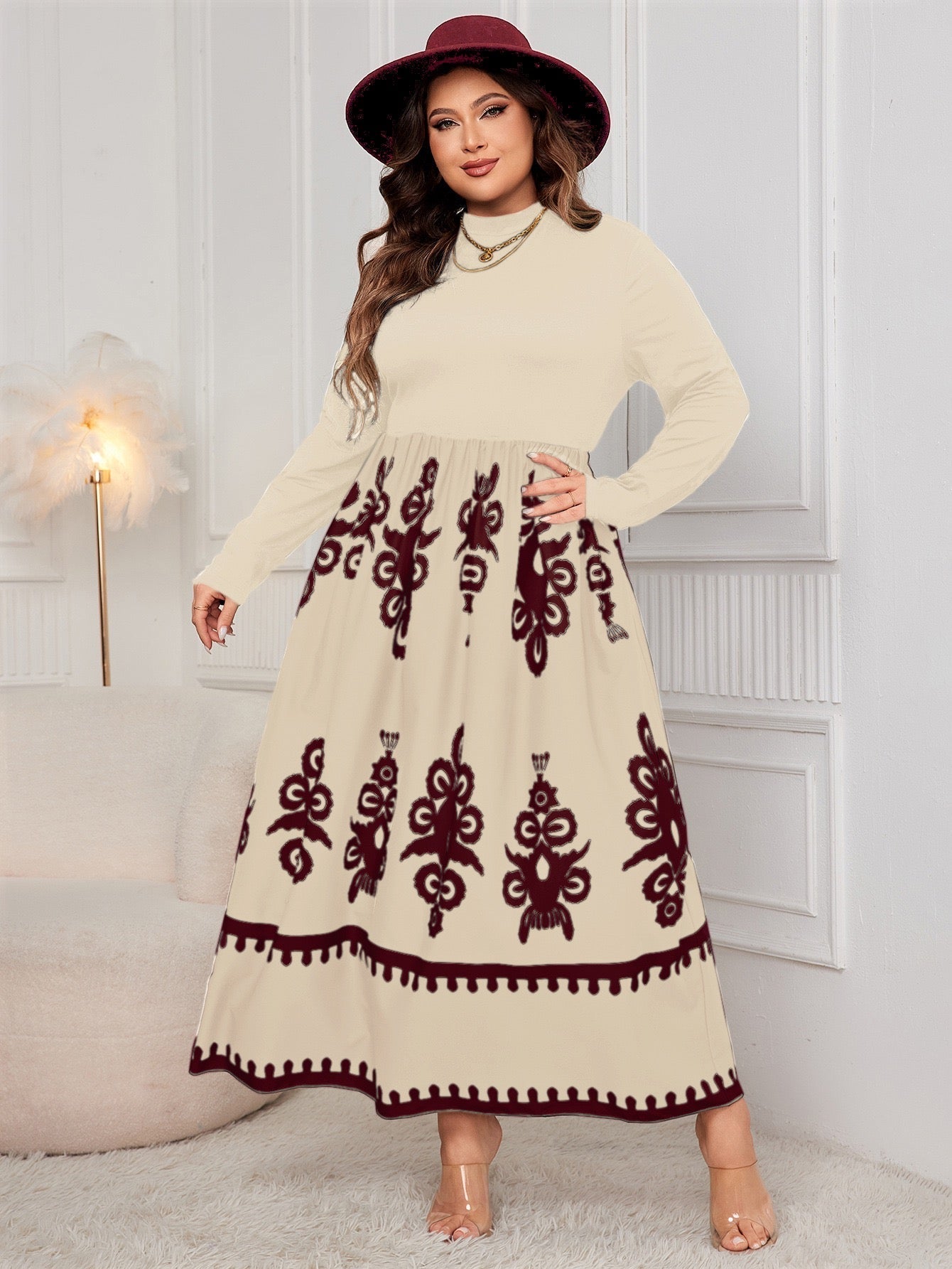Plus Size Elegant Printed Long Sleeve Maxi Dress