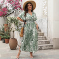 Plus Size Green Printed V Neck Midi Dress