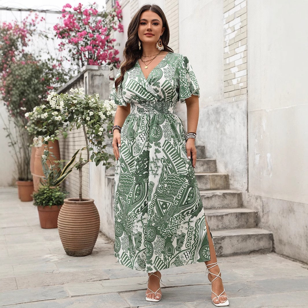 Plus Size Green Printed V Neck Midi Dress
