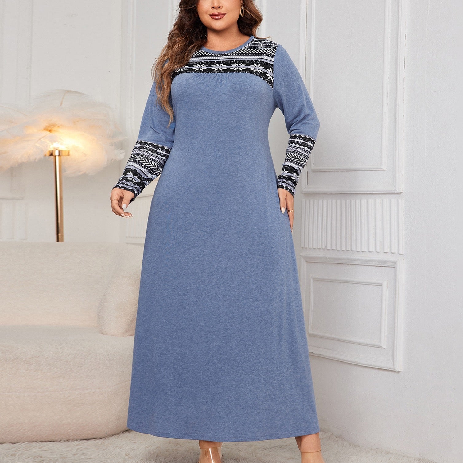 Plus Size Blue Long Sleeve Printed Panel Maxi Dress