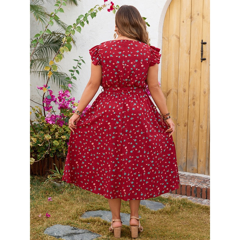 Plus Size Red Casual Floral Midi Dress with Waist Tie