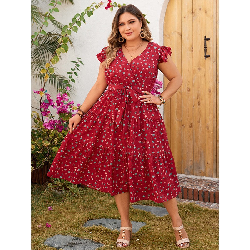 Plus Size Red Casual Floral Midi Dress with Waist Tie