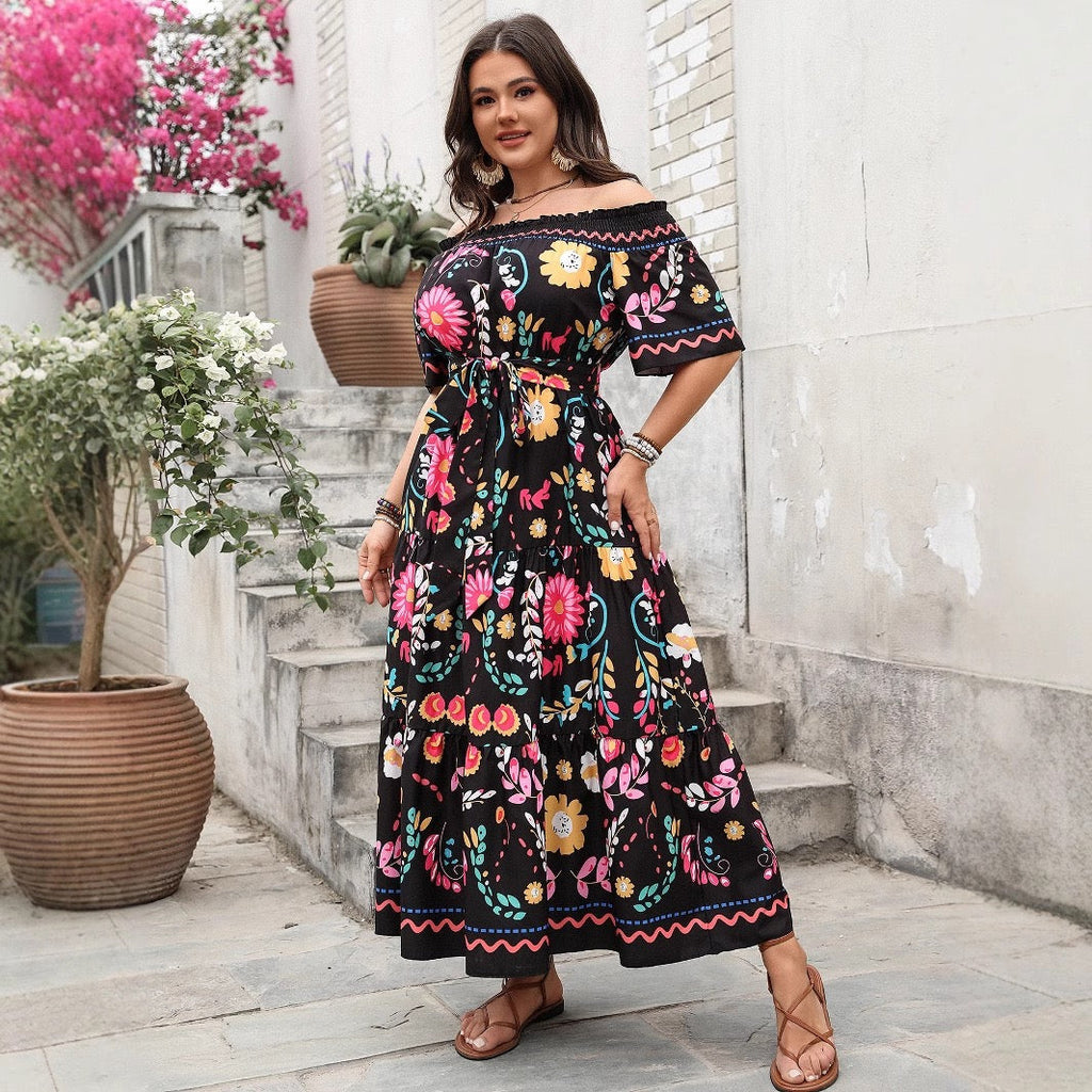 Plus Size Black Floral Off Shoulder Maxi Dress