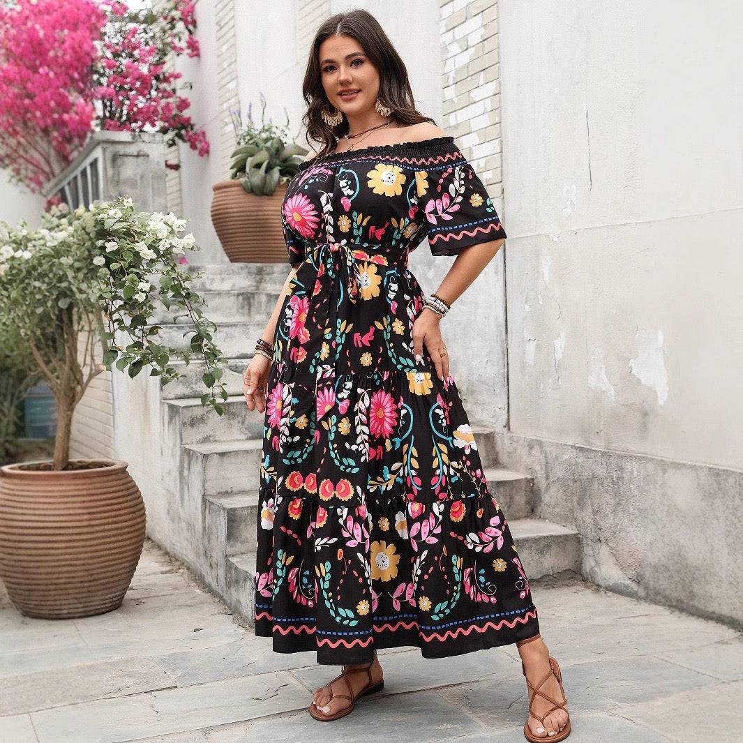 Plus Size Black Floral Off Shoulder Maxi Dress