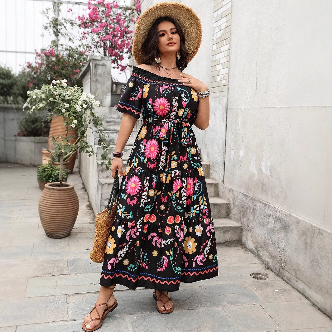 Plus Size Black Floral Off Shoulder Maxi Dress