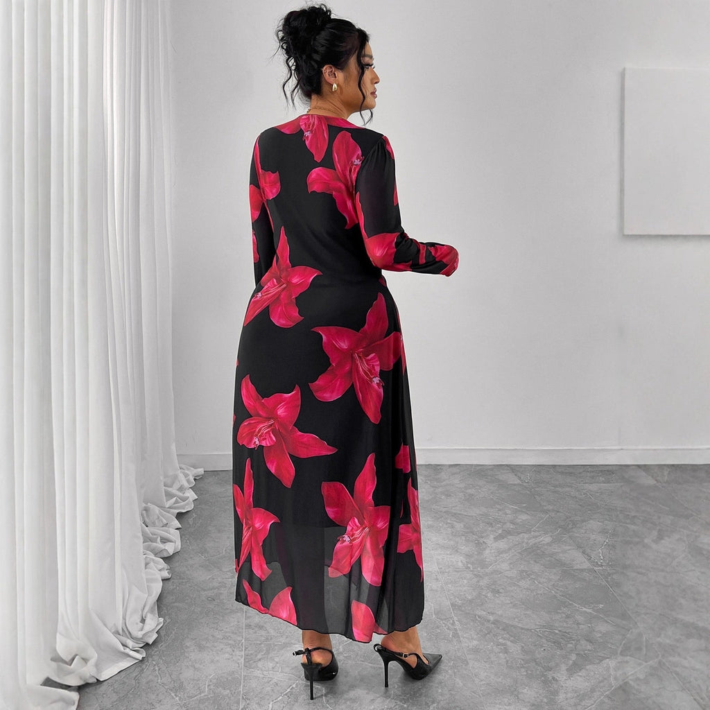 Plus Size Black Red Floral Long Sleeve Midi Dress