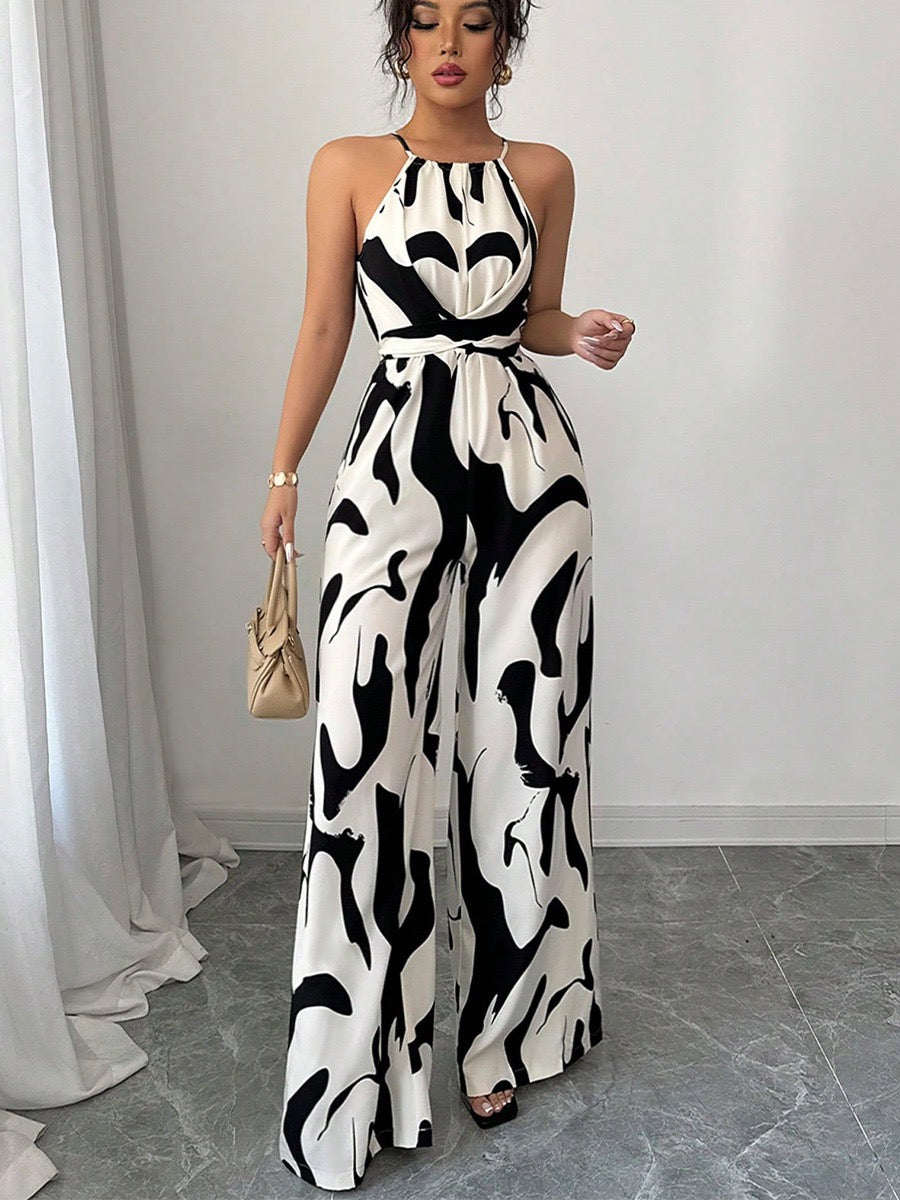 Elegant Printed Halter Neck Wide Leg Jumpsuit
