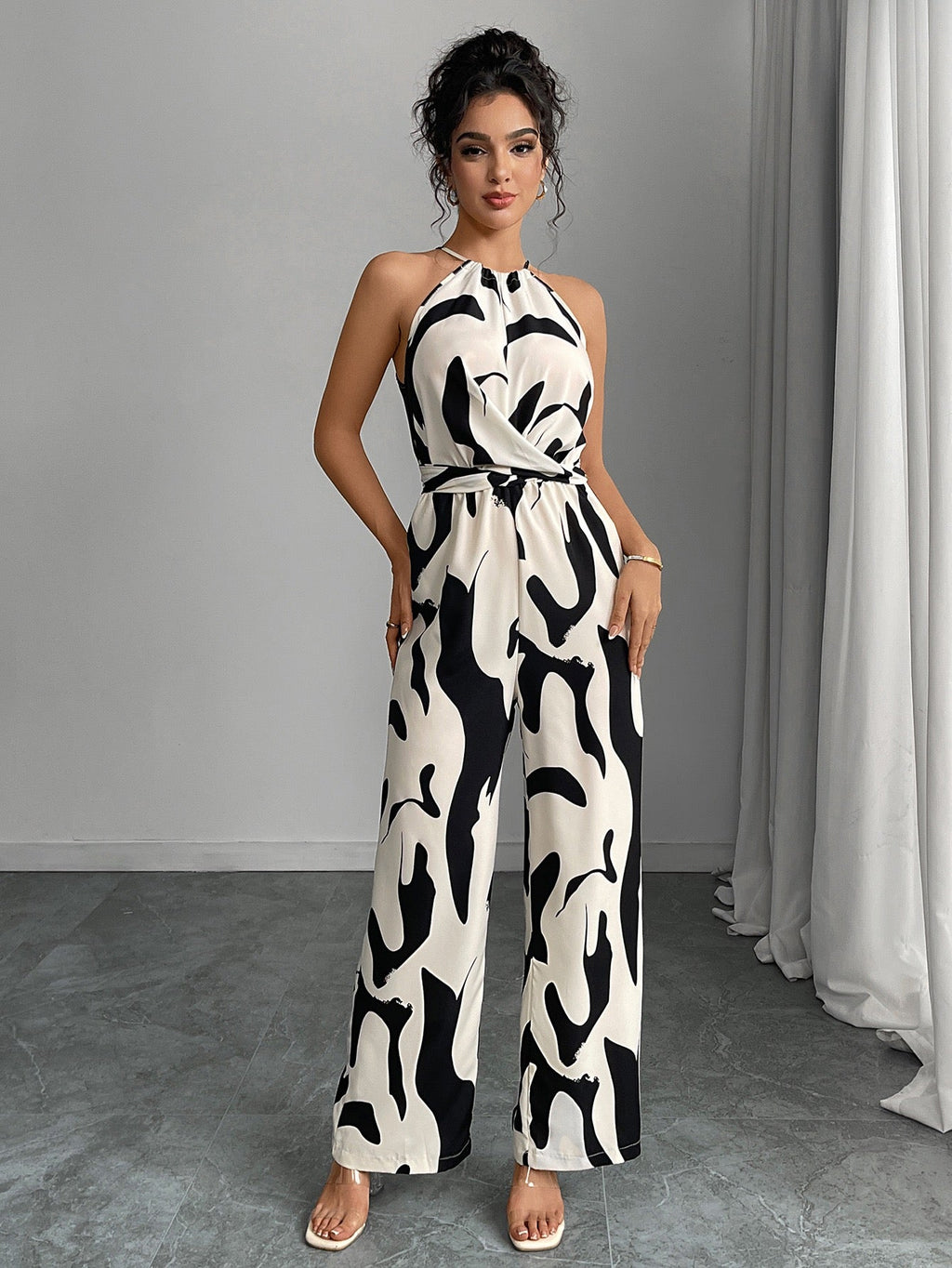 Elegant Printed Halter Neck Wide Leg Jumpsuit