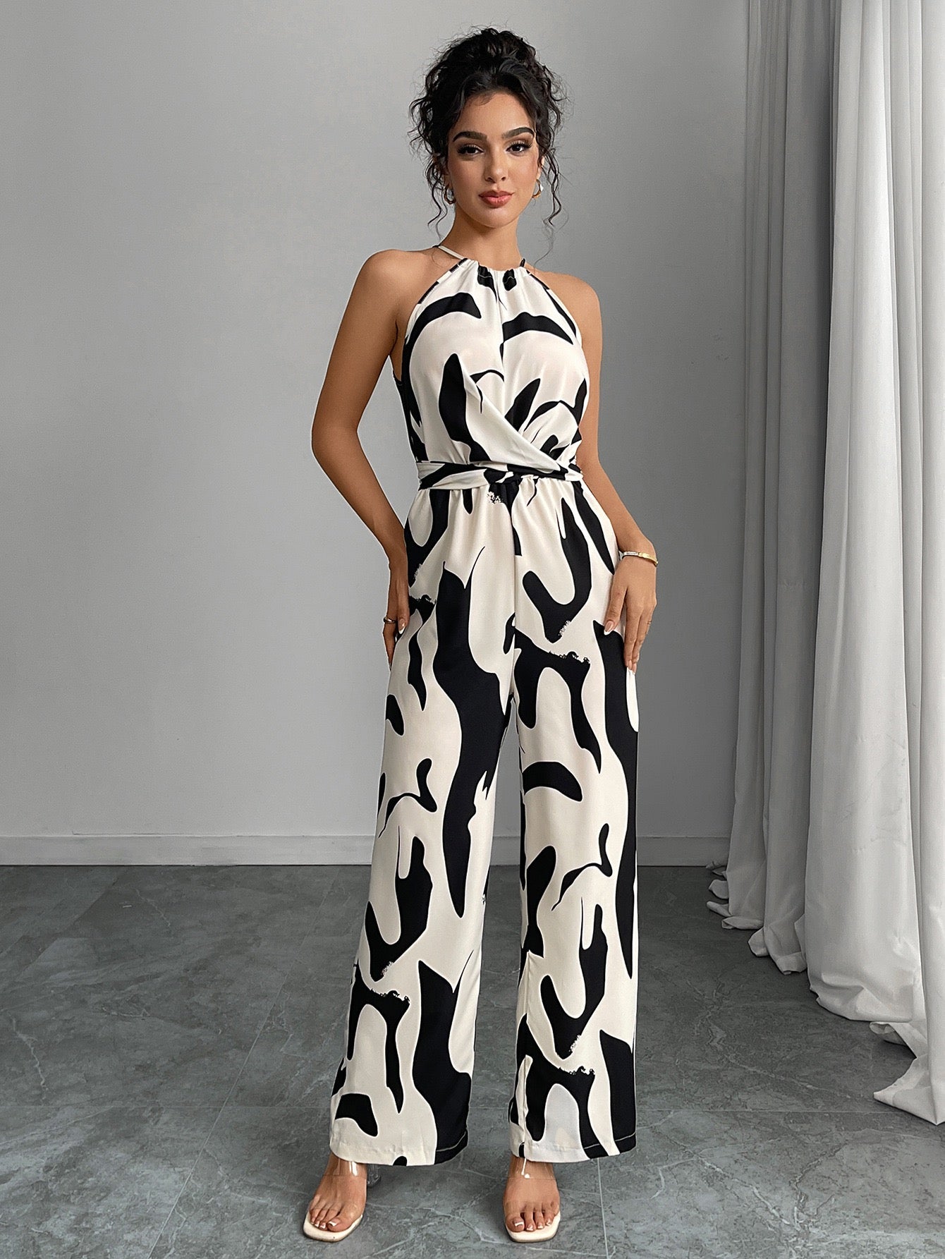 Elegant Printed Halter Neck Wide Leg Jumpsuit