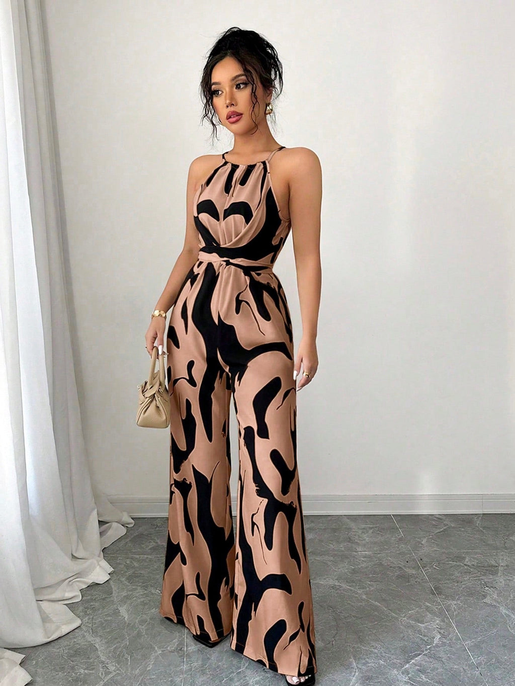 Elegant Printed Halter Neck Wide Leg Jumpsuit