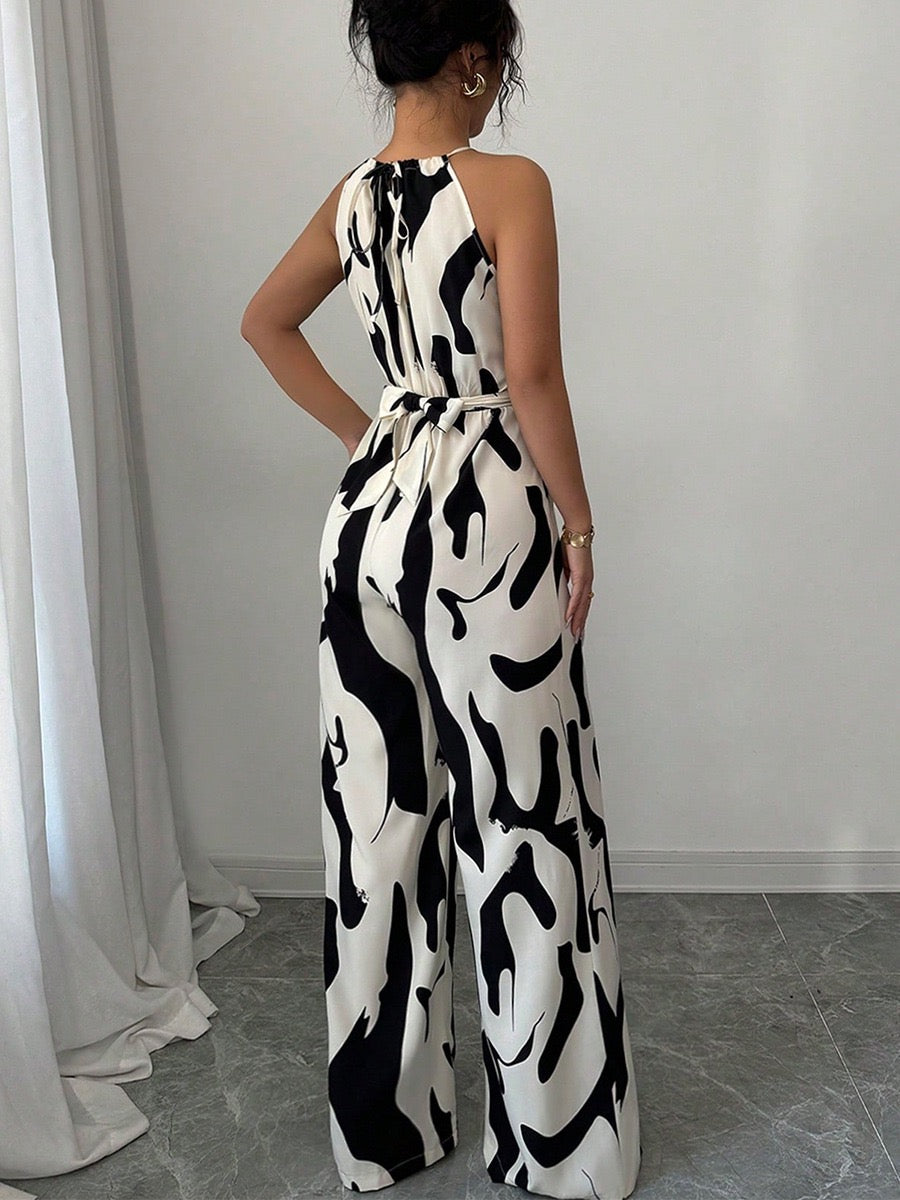 Elegant Printed Halter Neck Wide Leg Jumpsuit
