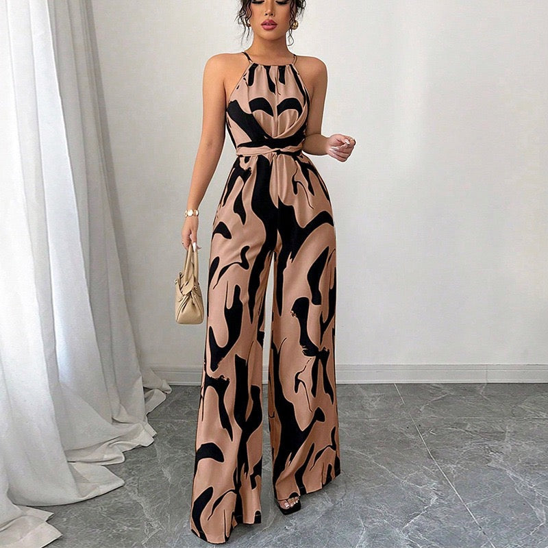 Elegant Printed Halter Neck Wide Leg Jumpsuit