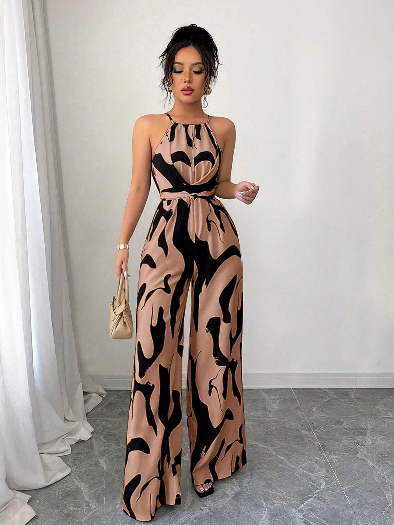 Elegant Printed Halter Neck Wide Leg Jumpsuit