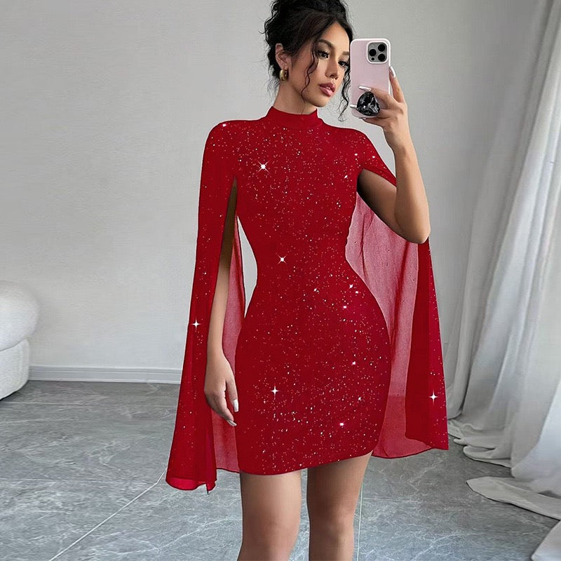 Elegant High Neck Cape Sleeve Mini Dress