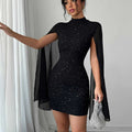 Elegant High Neck Cape Sleeve Mini Dress