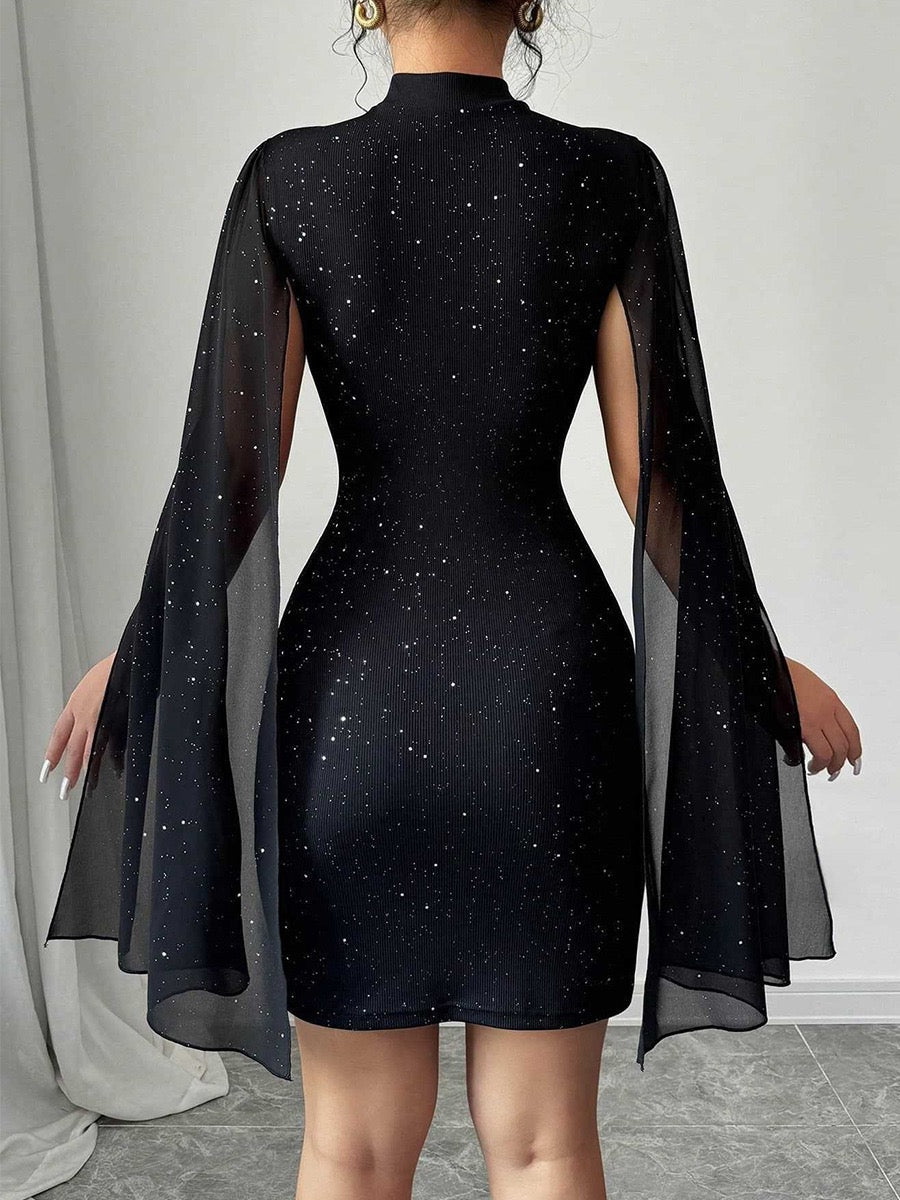 Elegant High Neck Cape Sleeve Mini Dress