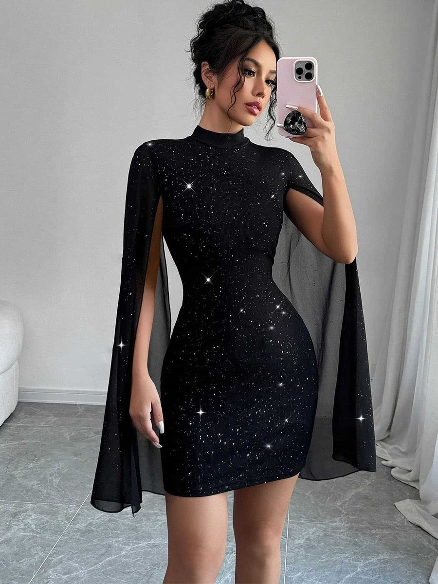 Elegant High Neck Cape Sleeve Mini Dress