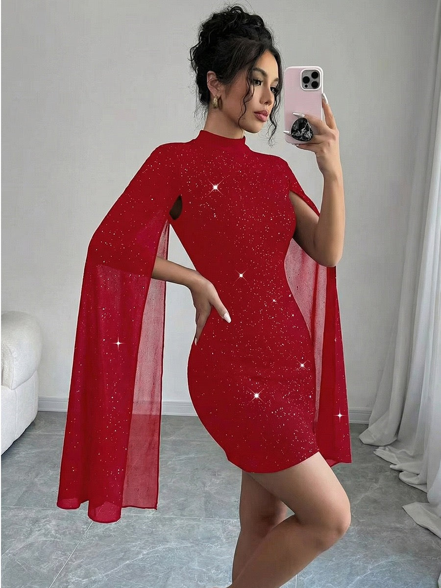 Elegant High Neck Cape Sleeve Mini Dress