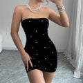 Elegant Black Strapless Pearl Mini Dress