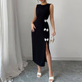 Elegant Black Bow Detail Sleeveless Midi Dress