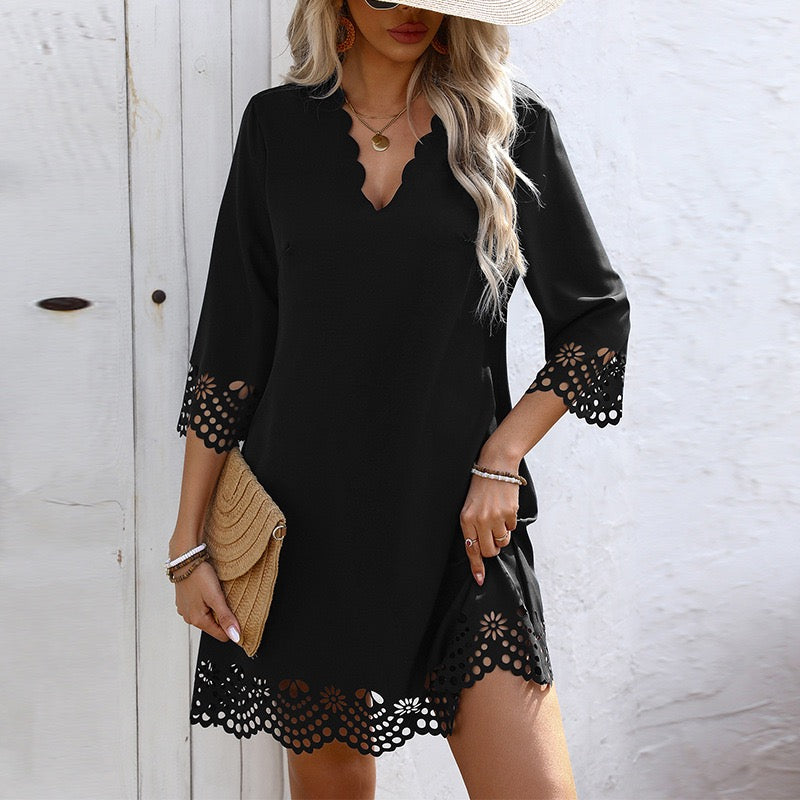 Modern Scalloped V-Neck Mini Dress