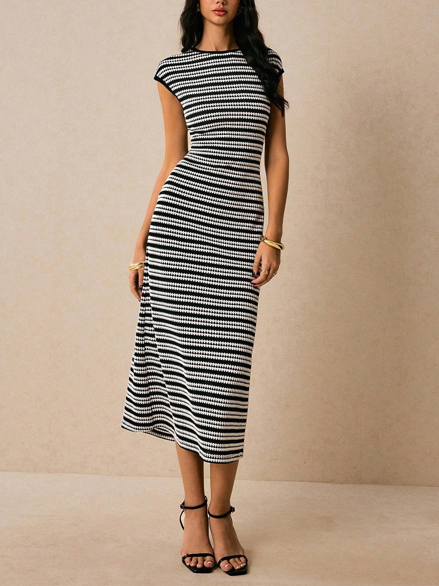 Elegant Striped Cap Sleeve Midi Dress