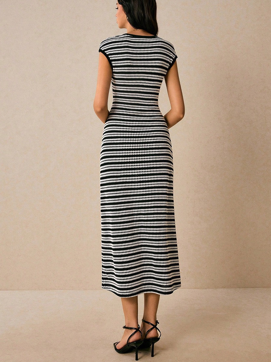 Elegant Striped Cap Sleeve Midi Dress