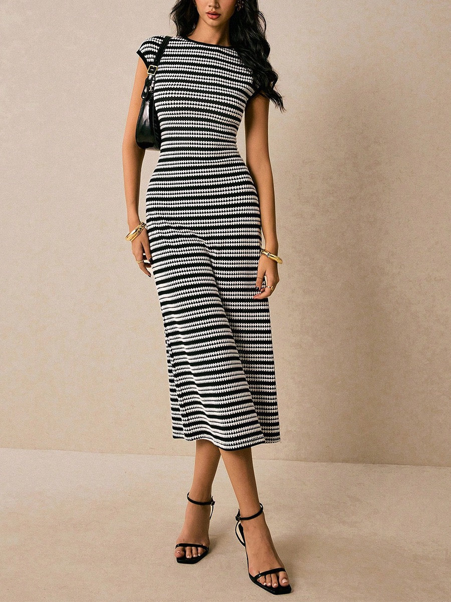 Elegant Striped Cap Sleeve Midi Dress
