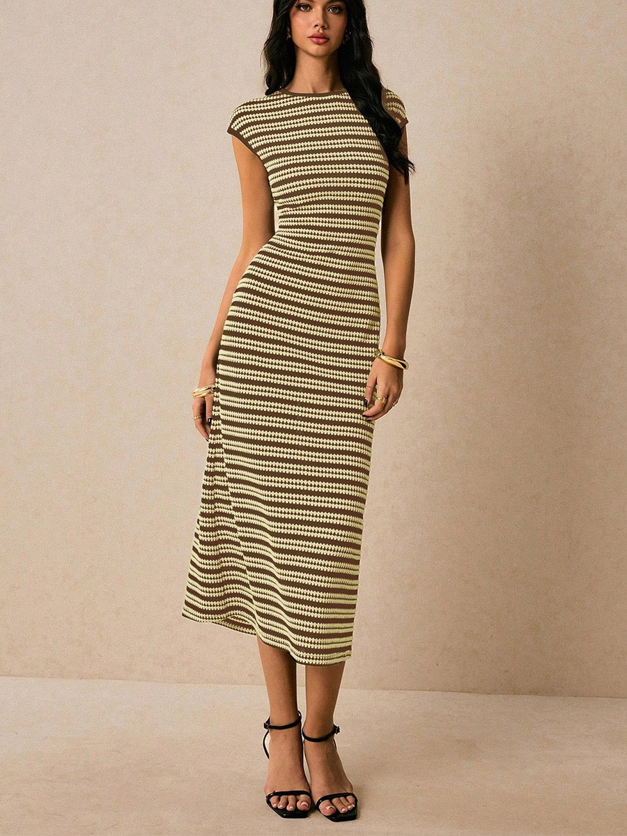 Elegant Striped Cap Sleeve Midi Dress