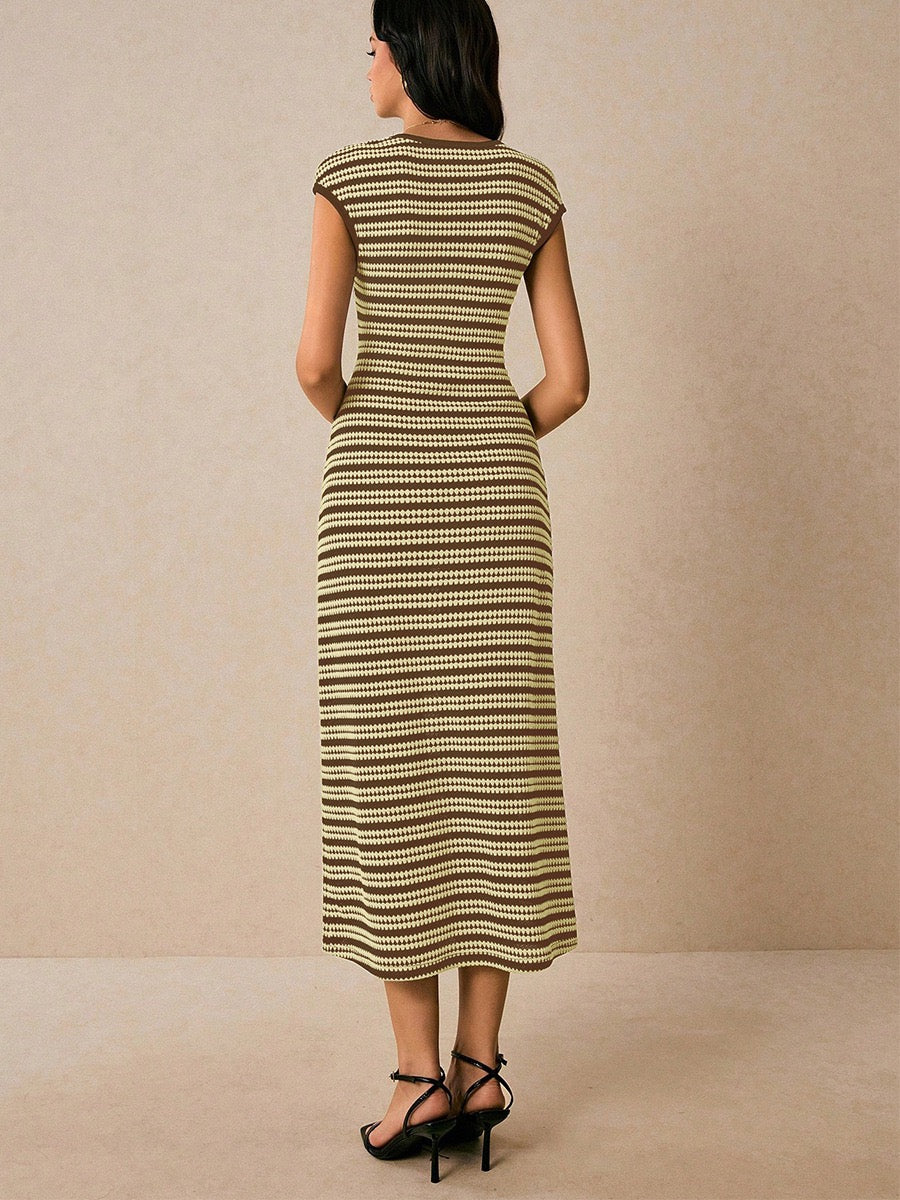 Elegant Striped Cap Sleeve Midi Dress