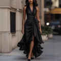 Elegant Draped Satin Wrap Maxi Dress with Fluid Hem
