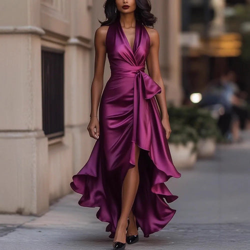 Elegant Draped Satin Wrap Maxi Dress with Fluid Hem