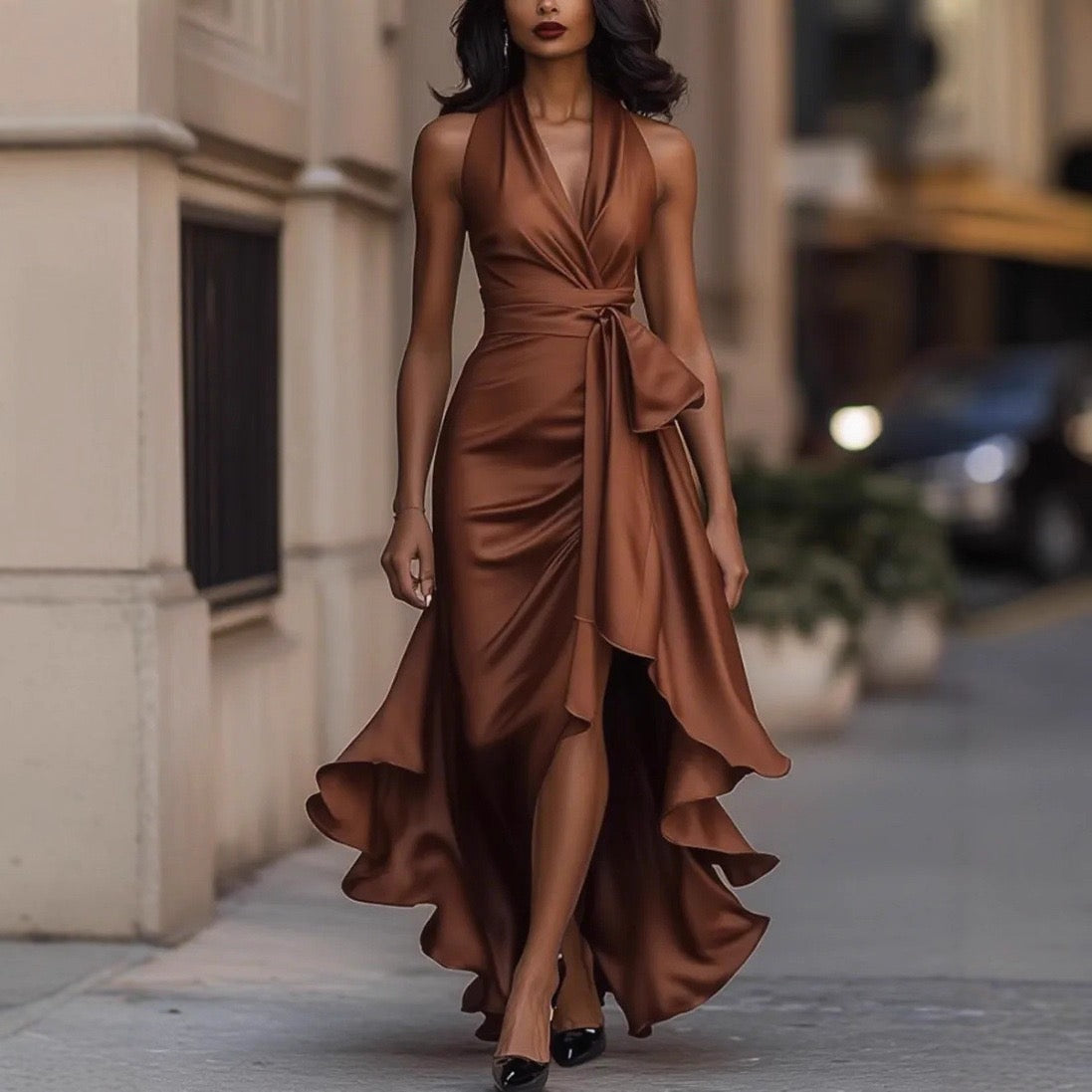 Elegant Draped Satin Wrap Maxi Dress with Fluid Hem