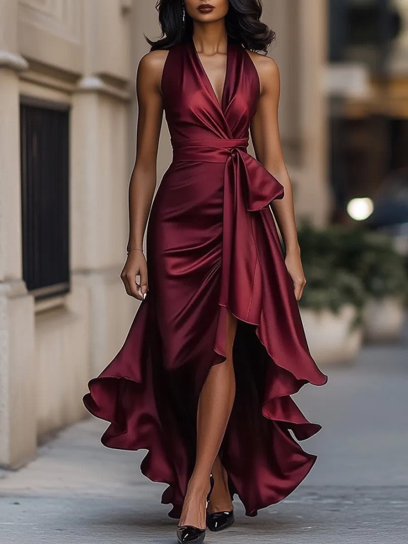 Elegant Draped Satin Wrap Maxi Dress with Fluid Hem