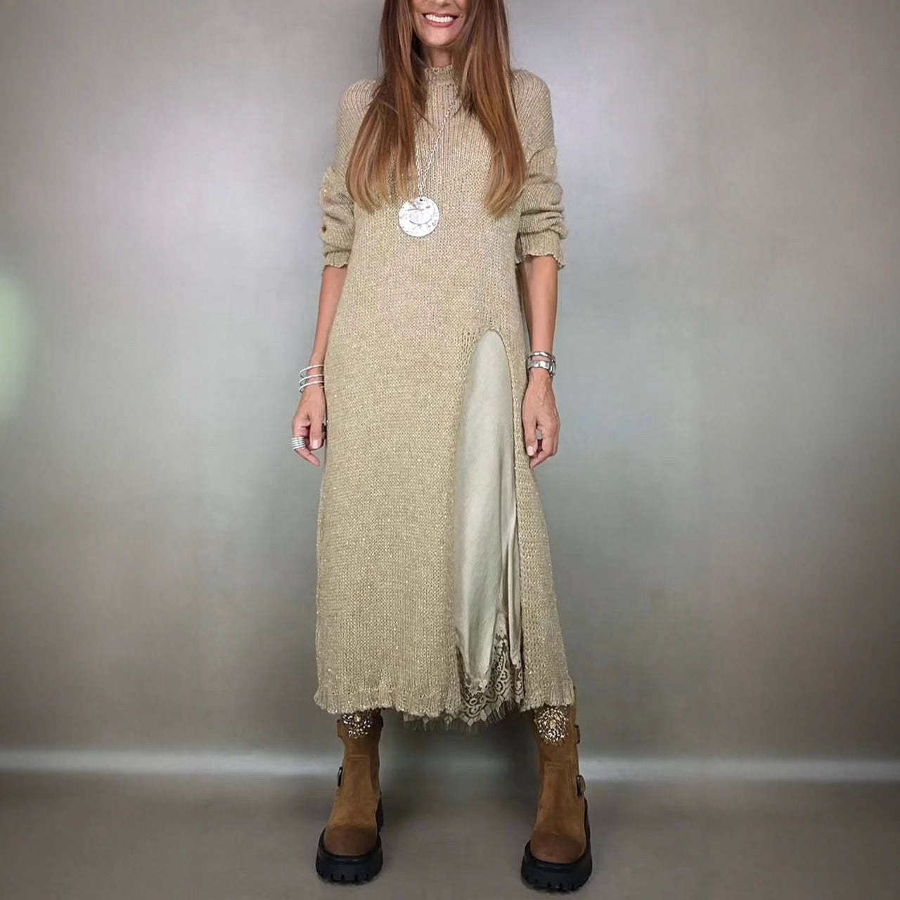 Long Sleeve Knit Maxi Dress with Side Slit