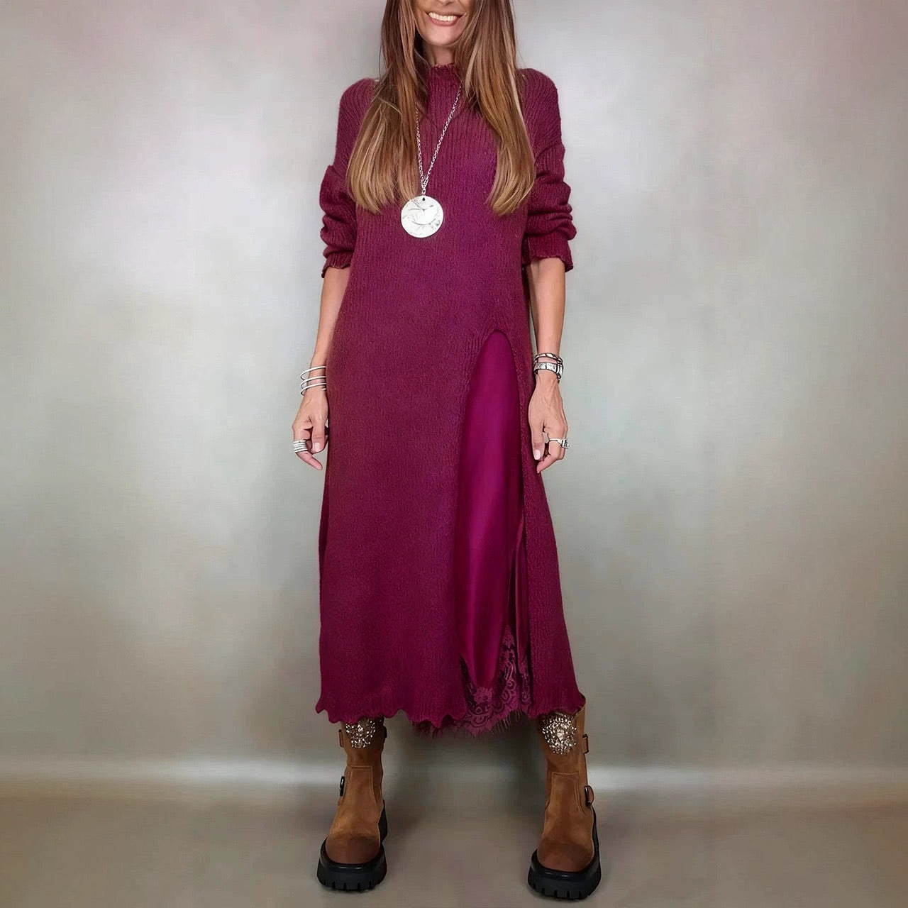 Long Sleeve Knit Maxi Dress with Side Slit