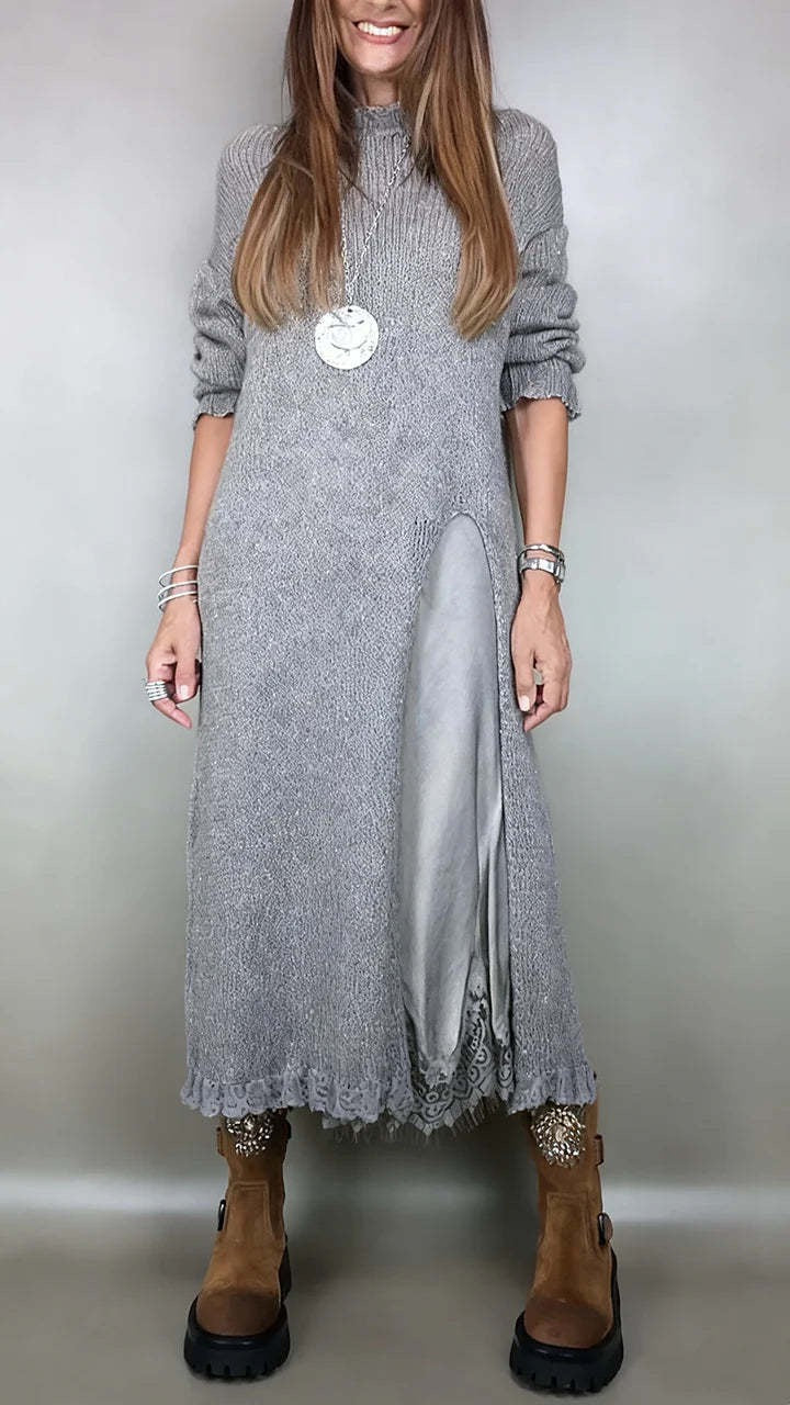 Long Sleeve Knit Maxi Dress with Side Slit