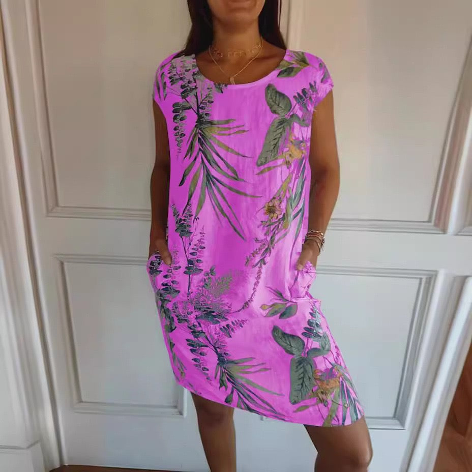 Relaxed Fit Tropical Print Short Sleeve Midi Dress