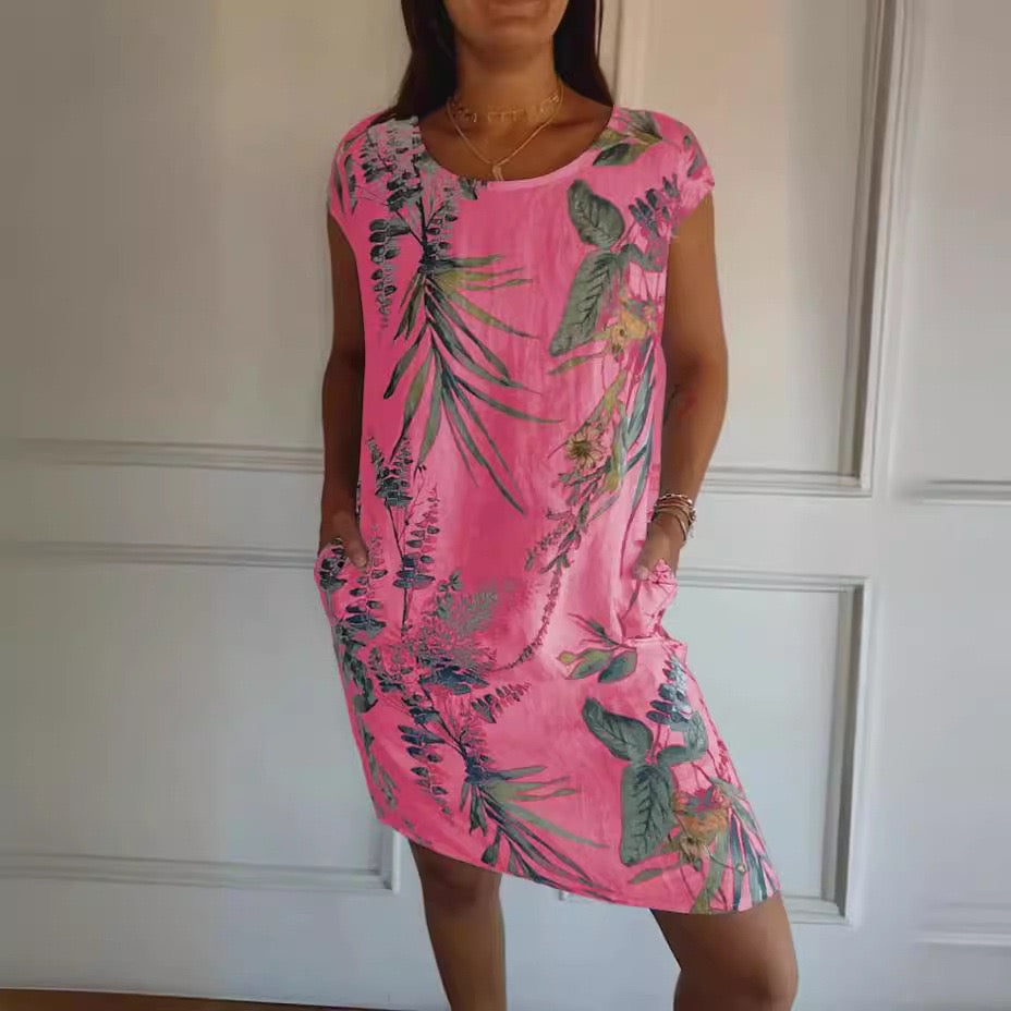 Relaxed Fit Tropical Print Short Sleeve Midi Dress