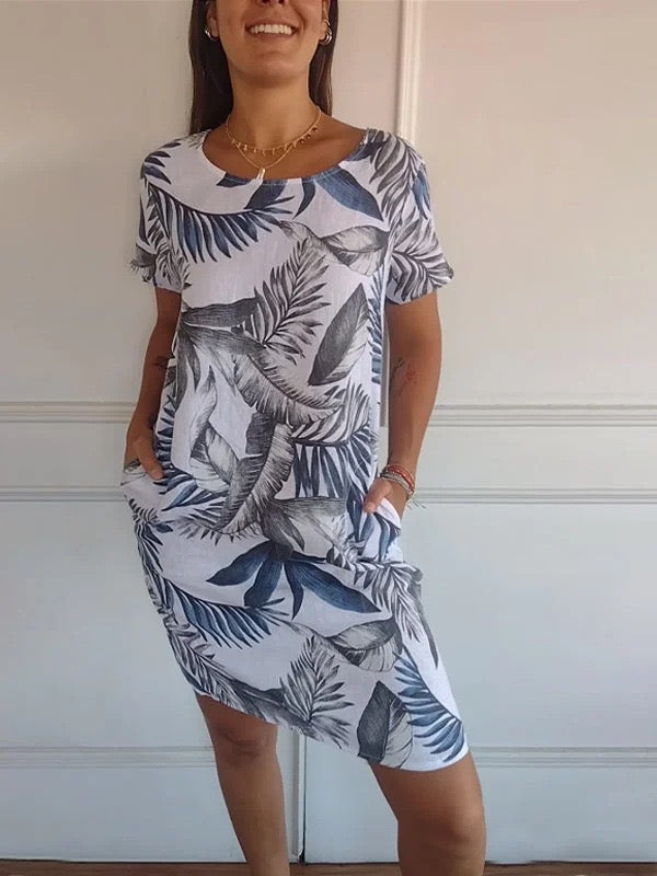 Relaxed Fit Tropical Print Short Sleeve Midi Dress