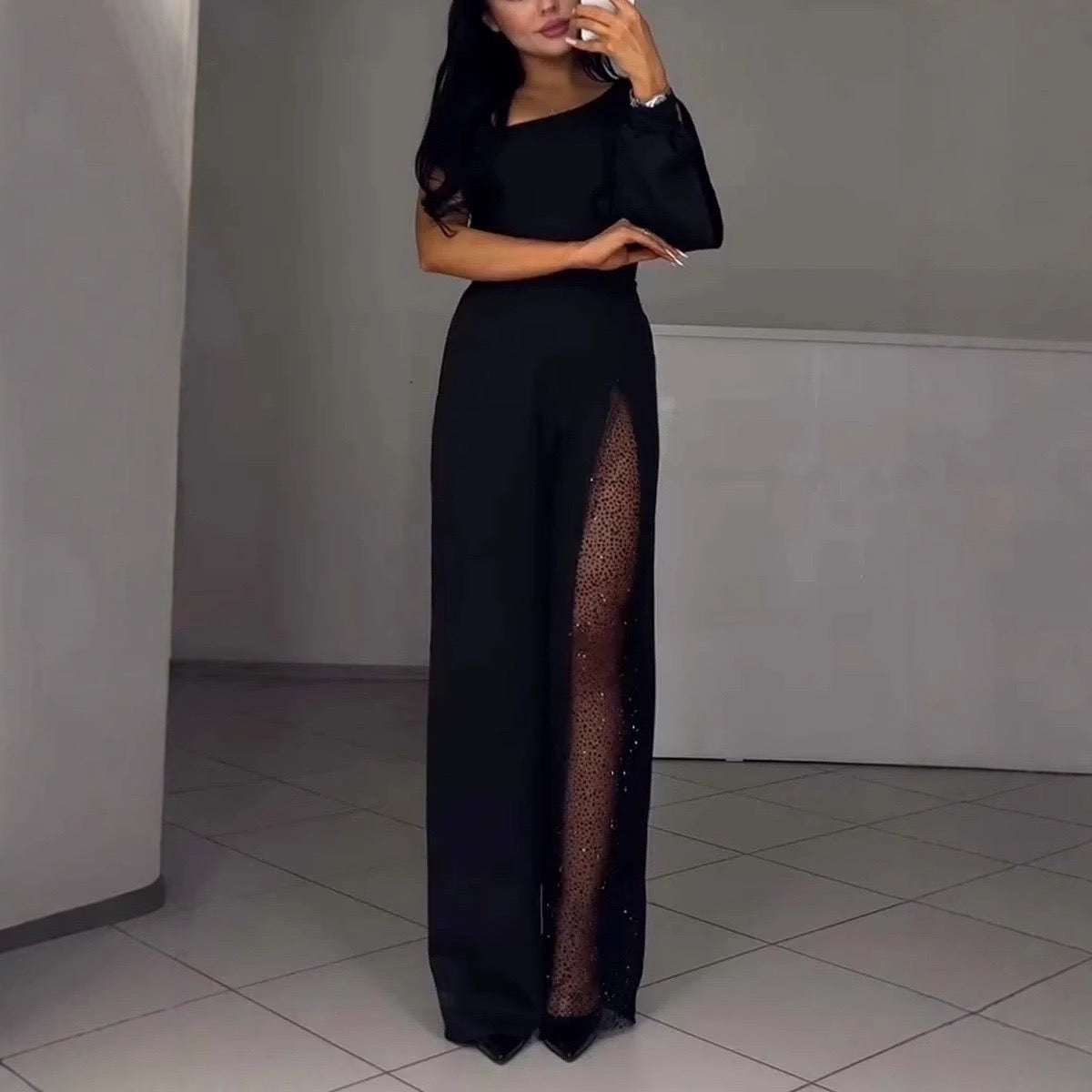 Elegant Sculpted Maxi Dress with Sheer Side Detail